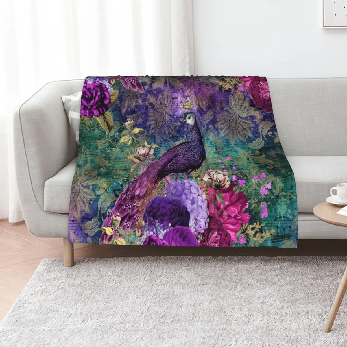 

Elegant Vintage Purple Teal Peacocks Throw Blanket Sleeping Bag manga Luxury Soft Beds Blankets