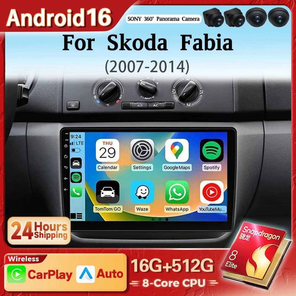 Android 16 Carplay Auto 2K Screen For Skoda Fabia 2 2007 - 2014 Car Radio Multimedia Player 2Din Autoradio Stereo DSP Qualcomm
