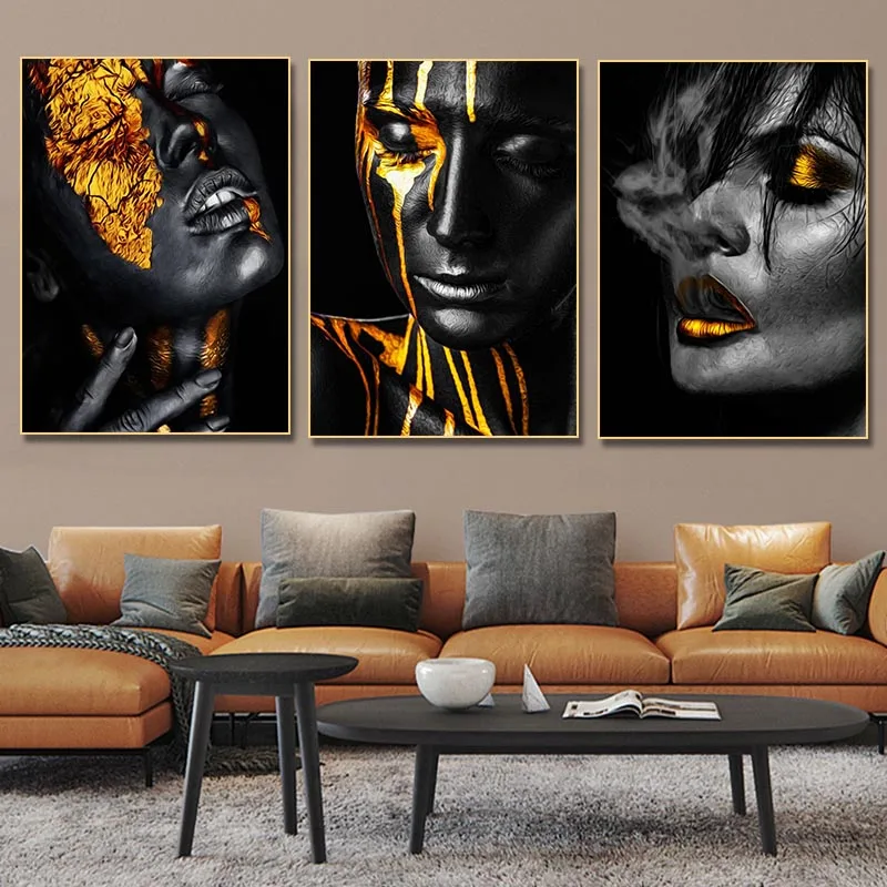 

Black Gold Woman Painting Print On Canvas Textured Face Women Wall Art Home Decor Scandinavian Posters Pictures for Living Room