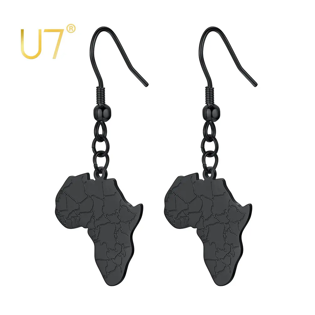 

U7 Black Stainless Steel Africa Map Earrings Vintage Minimalist African Dangle Statement Jewelry Gift for Women