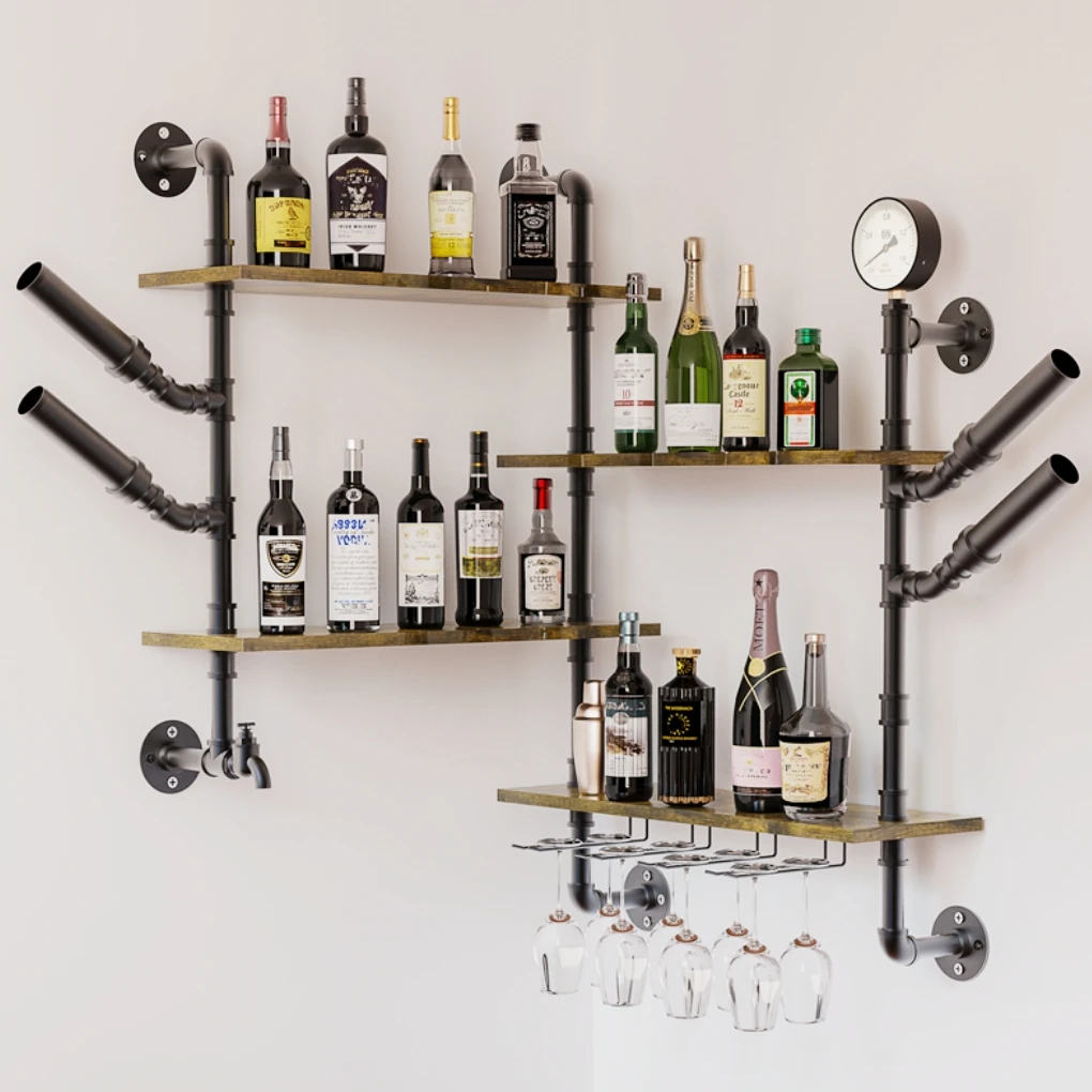 

Industrial Pipe Bar Wall Liquor Shelf Floating Shelves with Wine Glass Holder Wall Mounted Shelving Unit for Living Room Kitchen