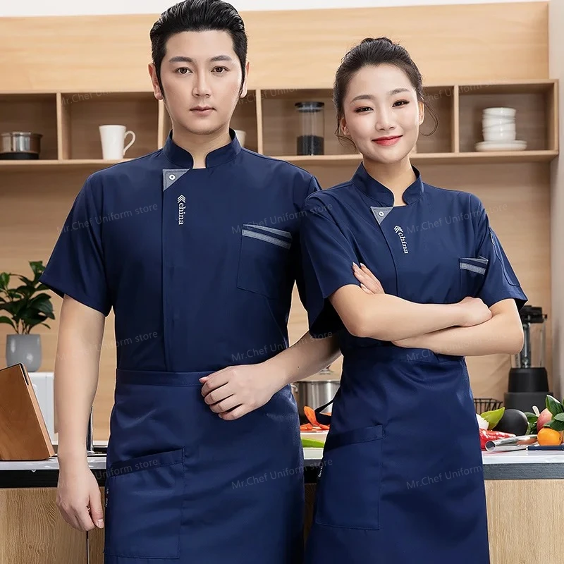 Hotelkoch-Uniformjacke, kurzärmeliges Koch-T-Shirt, Restaurant-Uniform, Bäckerei, Lebensmittelservice, atmungsaktiv, neues Kochkleidungslogo