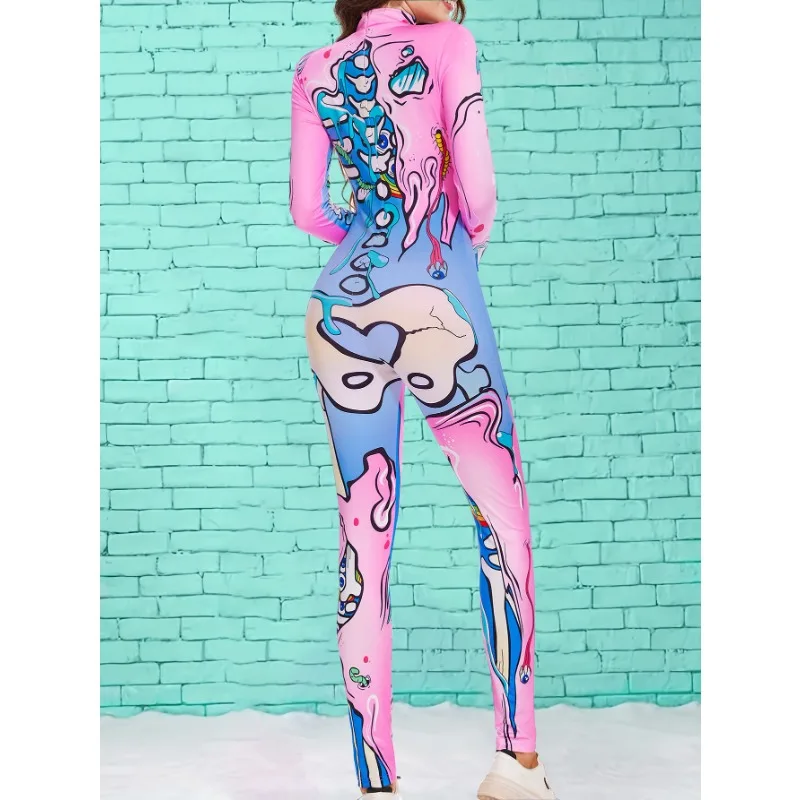 Women\'s Sexy Skeleton Jumpsuit Halloween Cosplay Girl Printed Bone Tight Long Sleeve Jumpsuit Street Trend Role Play Costume