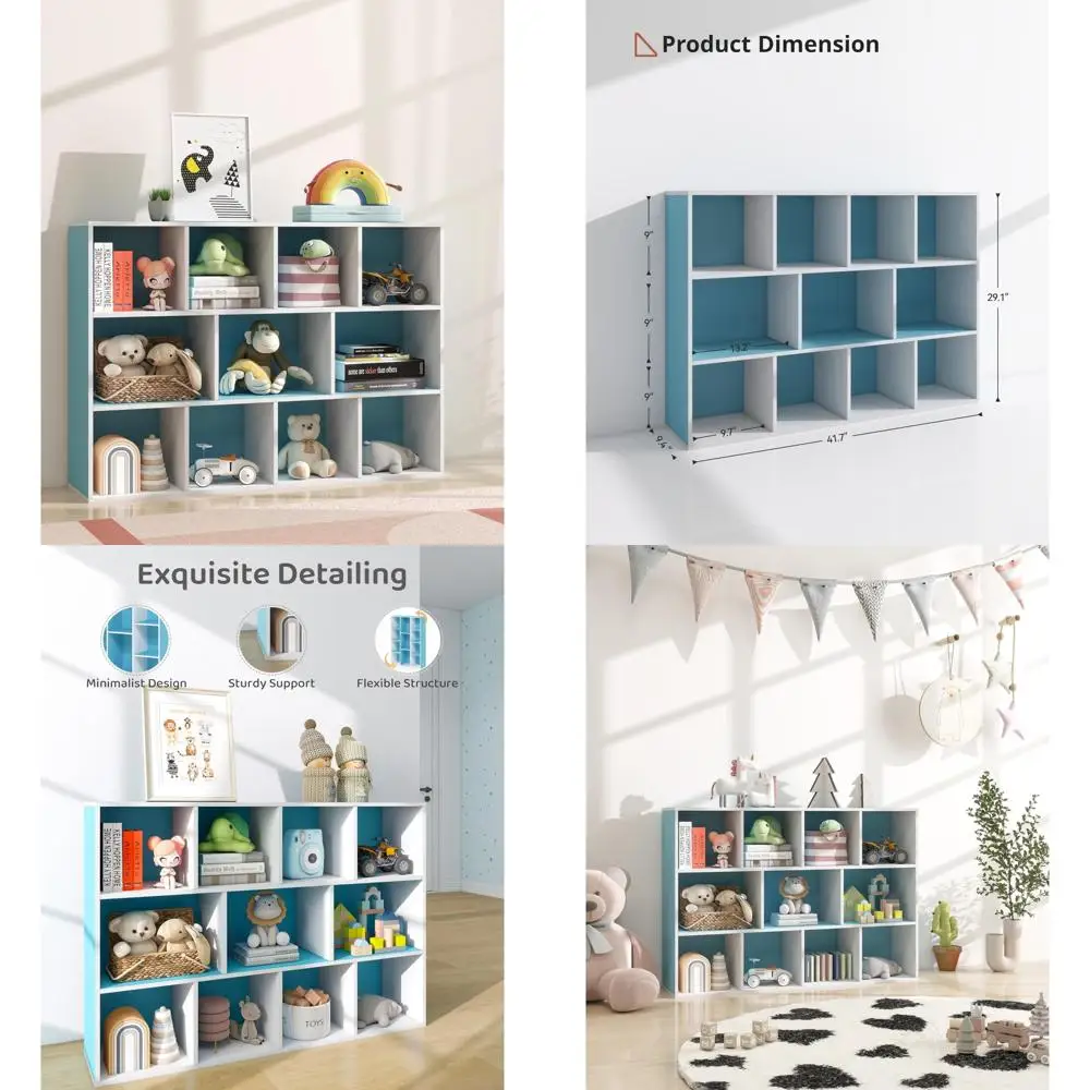 거실, 교실, 놀이방 공간에 적합한 블루 색상의 컴팩트한 11칸 어린이 책장 정리함