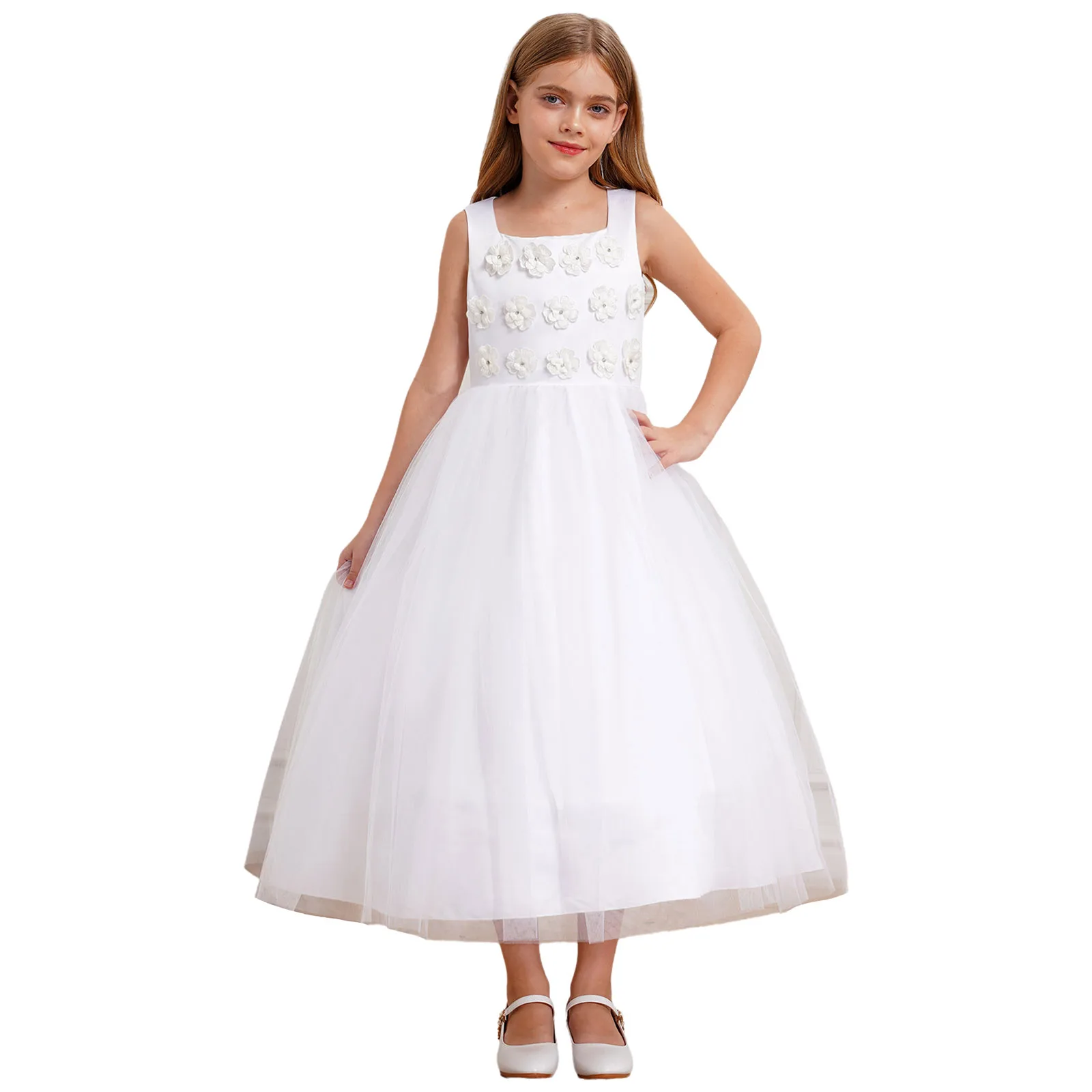 Children Party Dress for Girls Sleeveless Floral Mesh Princess Dress Birthday Formal Occassion Pageant Flower Girl Wedding Gown