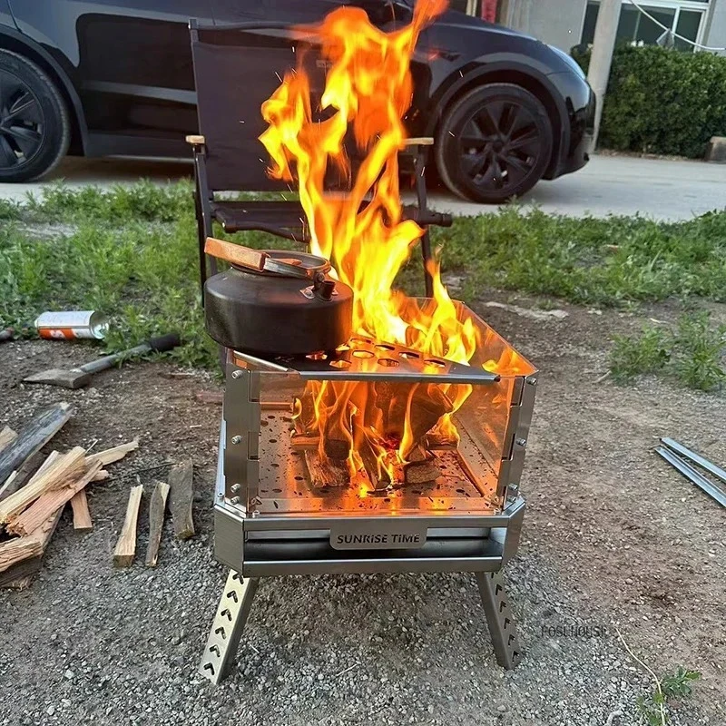 

【Best-selling】Outdoor Fire Pits Camping Stainless Steel Grill Stand Temperature Resistant Glass Firewood Stove Portable Folding