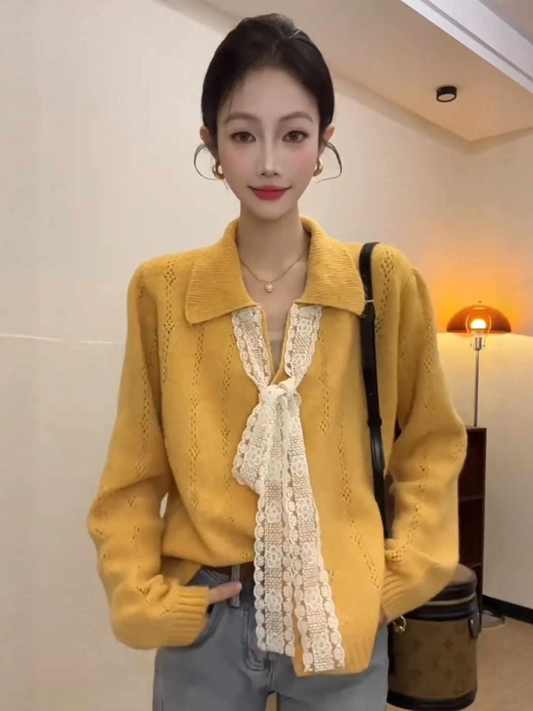 

Женский вязаный свитер с кружевным узлом, пальто с вырезом, модный топ ранней осени, V-Ne Long Sve Moisture ng