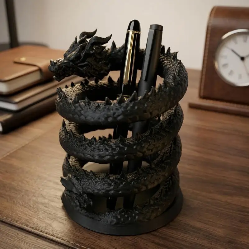 3D Printed Cool Black Dragon Pen Holder Creative Desktop Statue Realistic Spiral Coiled Storage Holder