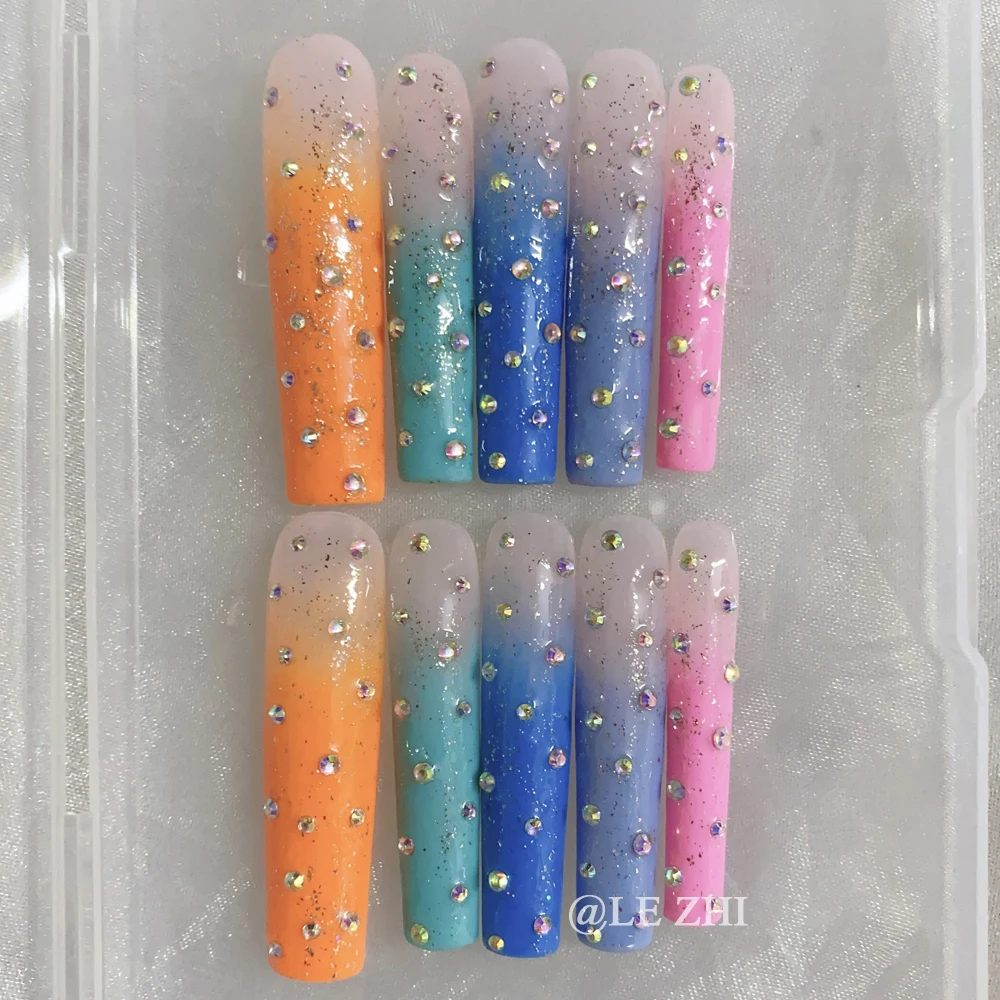 XXL Long Square Coffin Press on Nails Art French Diamond Blue Fresh Flowers Travel Go on Holiday High-end Nail Jewelry Gift