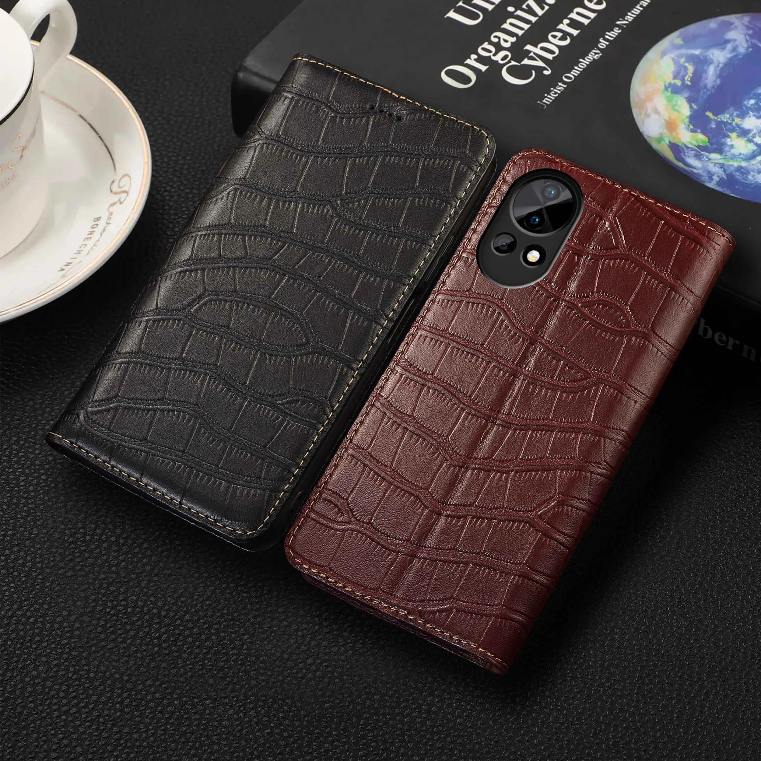 

For Huawei Nova 7 8 9 10 11 11i 12 12S 12i 13 13i 14 Pro Ultra SE Crocodile Belly Pattern Genuine Leather Flip Phone Cover Case