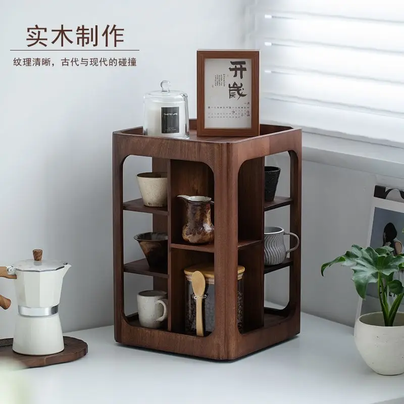 Walnut Wood 4‑Tier Rotating Storage Rack Chinese‑Style Countertop Organizer for Cups Cosmetics Desktop Holder