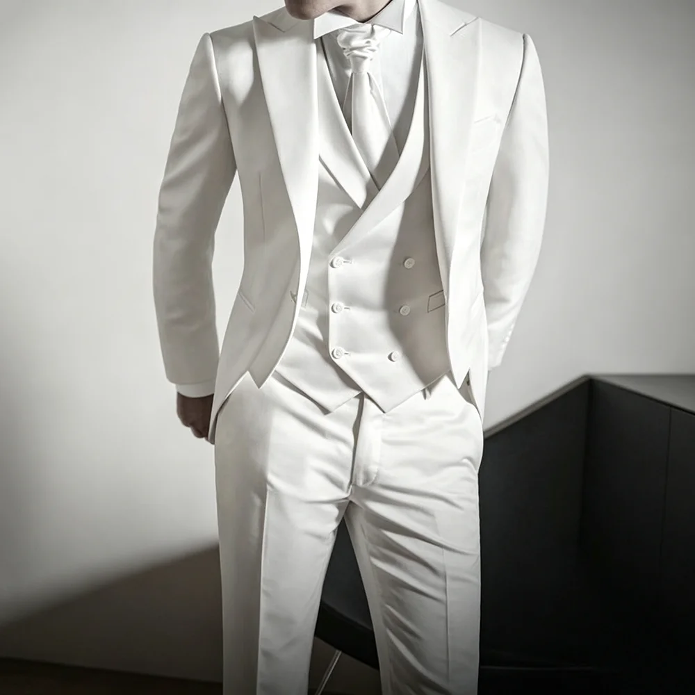 Luxury Men's White Suit 3 Piece Set Notch Lapel Slim Fit One Button Blazer Vest Pants For Formal Groom Groomsmen Party Tuxedos