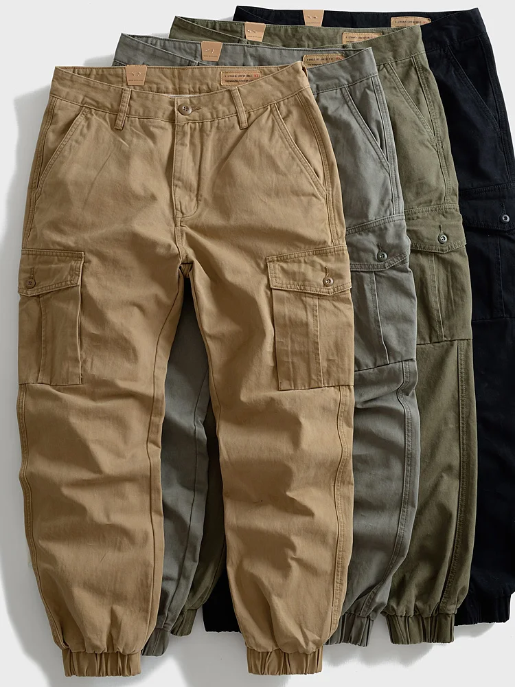 

Мужские винтажные свободные брюки из плотного хлопка для активного отдыха, повседневные брюки с множеством карманов, прямые рабочие брюки с манжетами