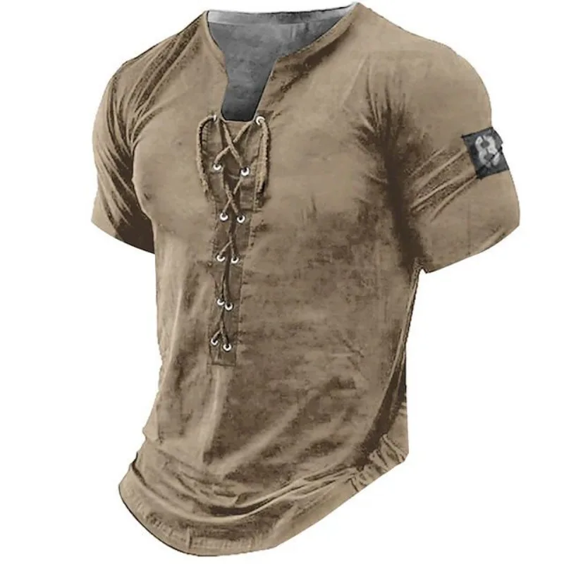 T-Shirt Men's Summer 3D Print Short Sleeve Solid Color Drawstring New Comfortable Minimalist Casual