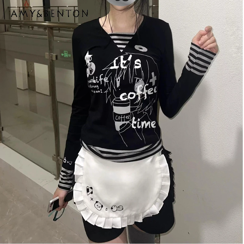 

Original Design Cartoon Anime Striped Splicing Women's T-Shirt Autumn New Fake Two-Piece Versatile Long Sleeve T-Shirts Ladies