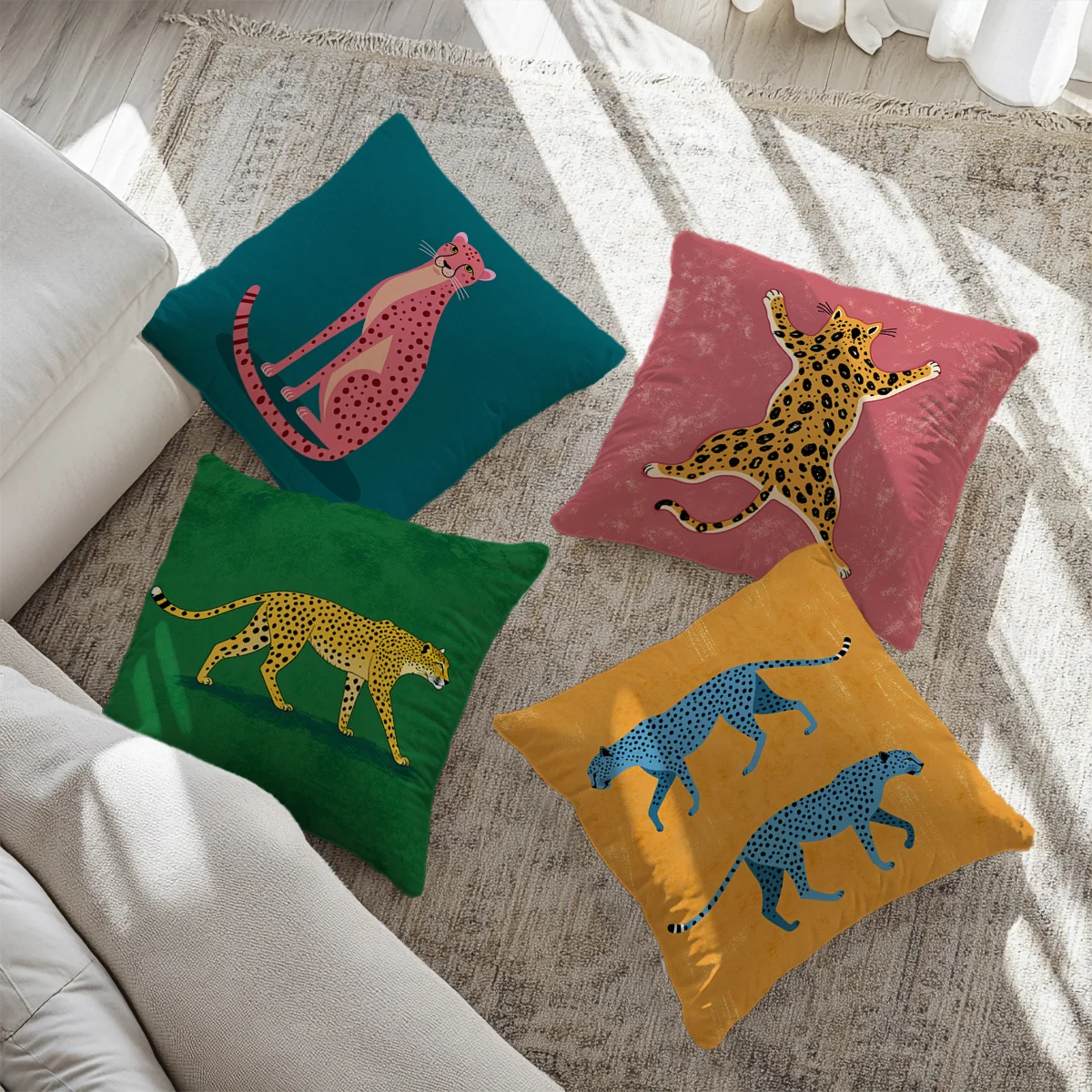 4Pcs Cartoon Leopard Throw Pillow Covers with Multicolor Solid Base Cheetah Print Cushion Cases for Sofa Living Room Bedroom