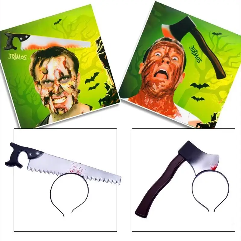 

Повязка на голову на Хэллоуин, аксессуар для волос, розыгрыш, повязка на голову с топором и костюмированными вечеринками, 3D острый кухонный аксессуар для волос на голубе