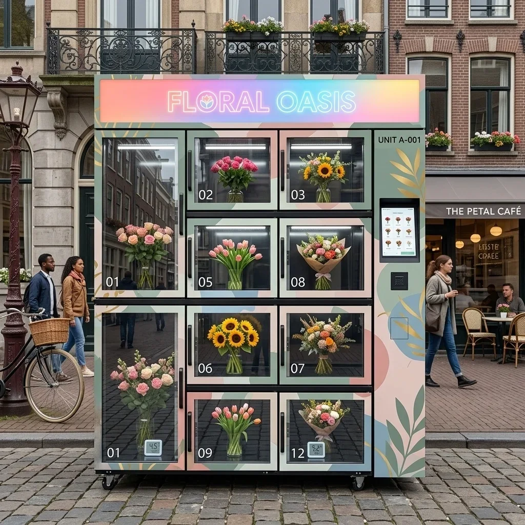 Smart Refrigerated Flower Vending Machine 32 Inch Touch Screen Automatic Fresh Bouquet Dispenser with LED Display