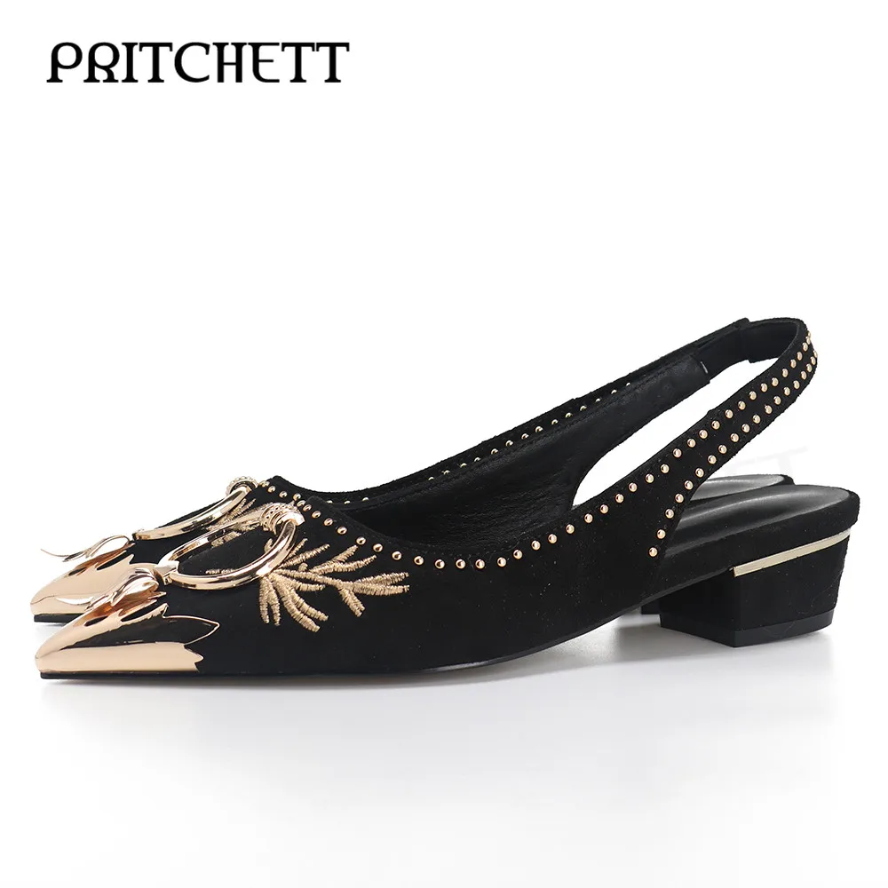 Metal Round Buckle Decorative Sandals Gold Thread Embroidery Rivets Pointed Toe Square Root Sandals Fashionable Women's Shoes