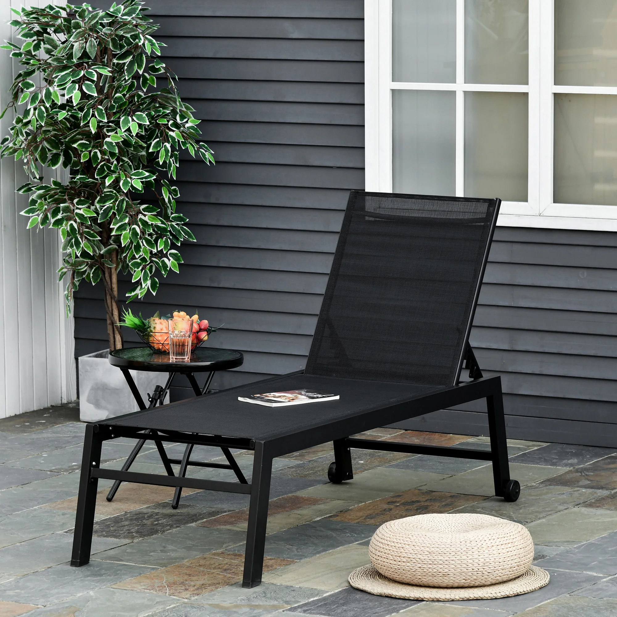 Garden Adjustable Sun Lounger Chair W/ 2 Back Wheels & Industrial Design, Black