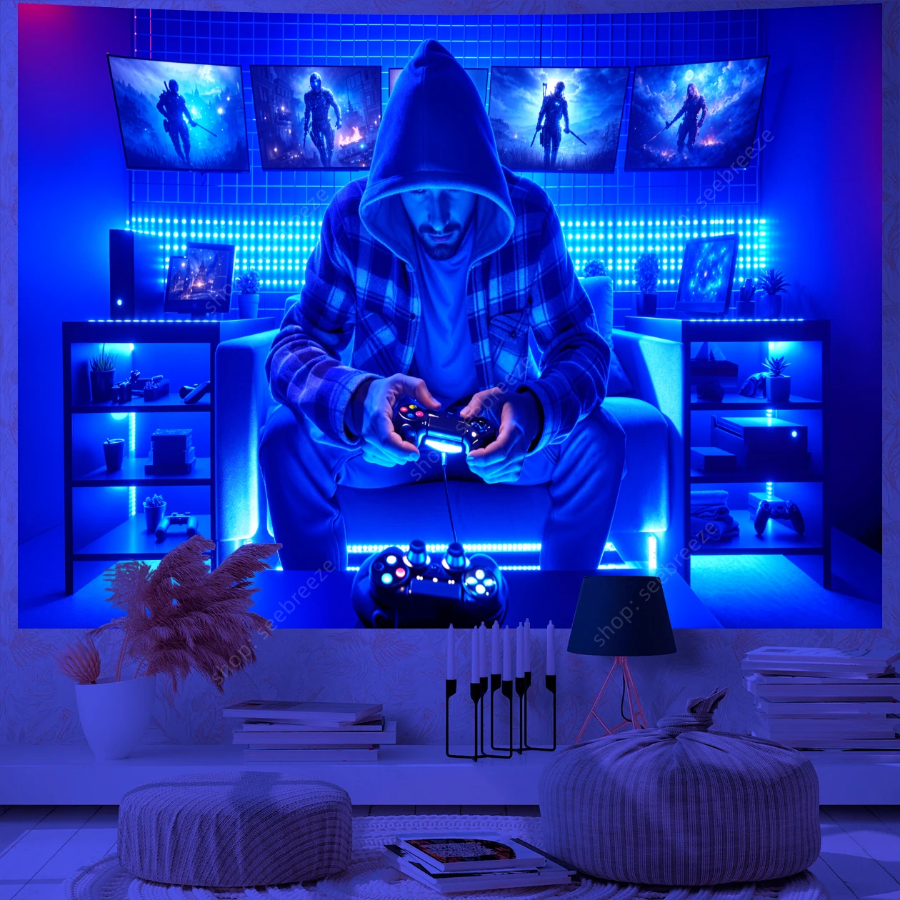 Game Over Game Zone UV Reactive Tapestry E-Sports Room Game Controller Tapestry Wall Hanging Neon Backdrop Dorm Bedroom Decor