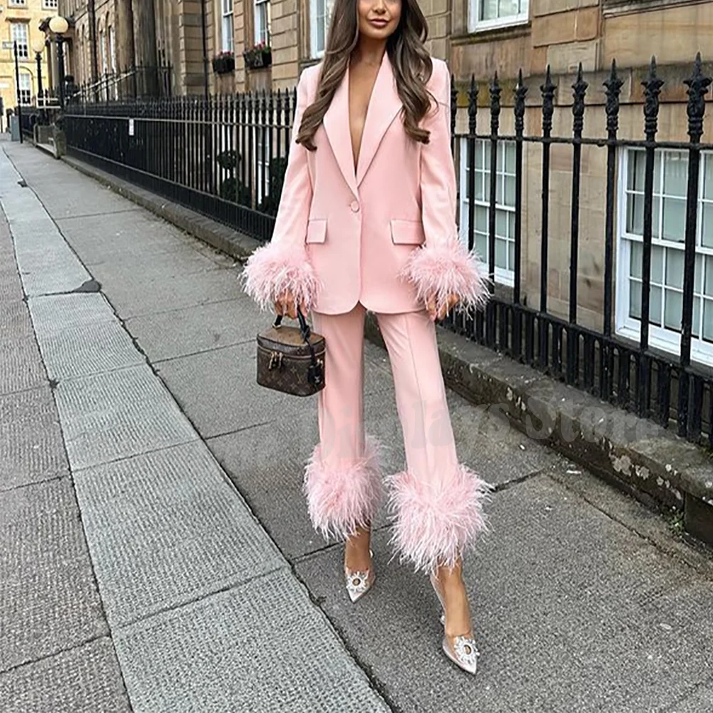 Luxury Feather Women's Suit Two Pieces Unique Incline Button Outfit Front Flat High Quality Elegant Fashion Set Jacket Pants