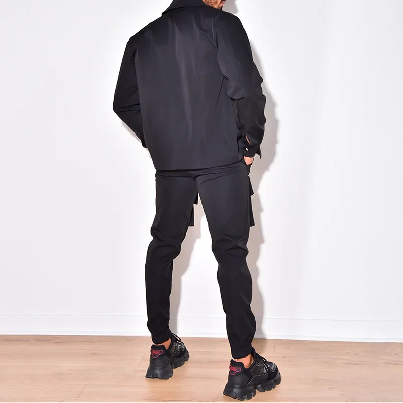 Suits Men Clothing Autumn 2023 Fashion Versatile Casual Tailored Collar Solid Long Sleeve Jacket Sweat Cargo Pants Set for Man