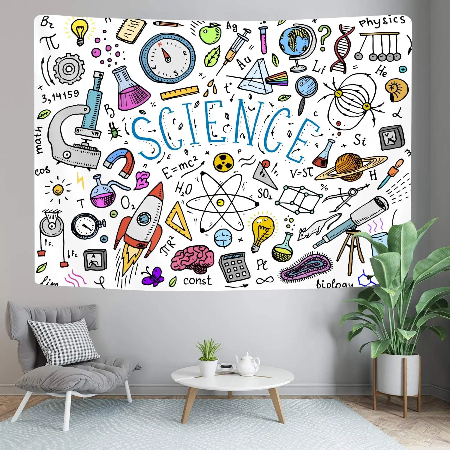 Tapiz Educativo de Ciencias, Fórmulas y Cálculos Científicos en Física, Matemáticas, Química, Biología o Astronomía