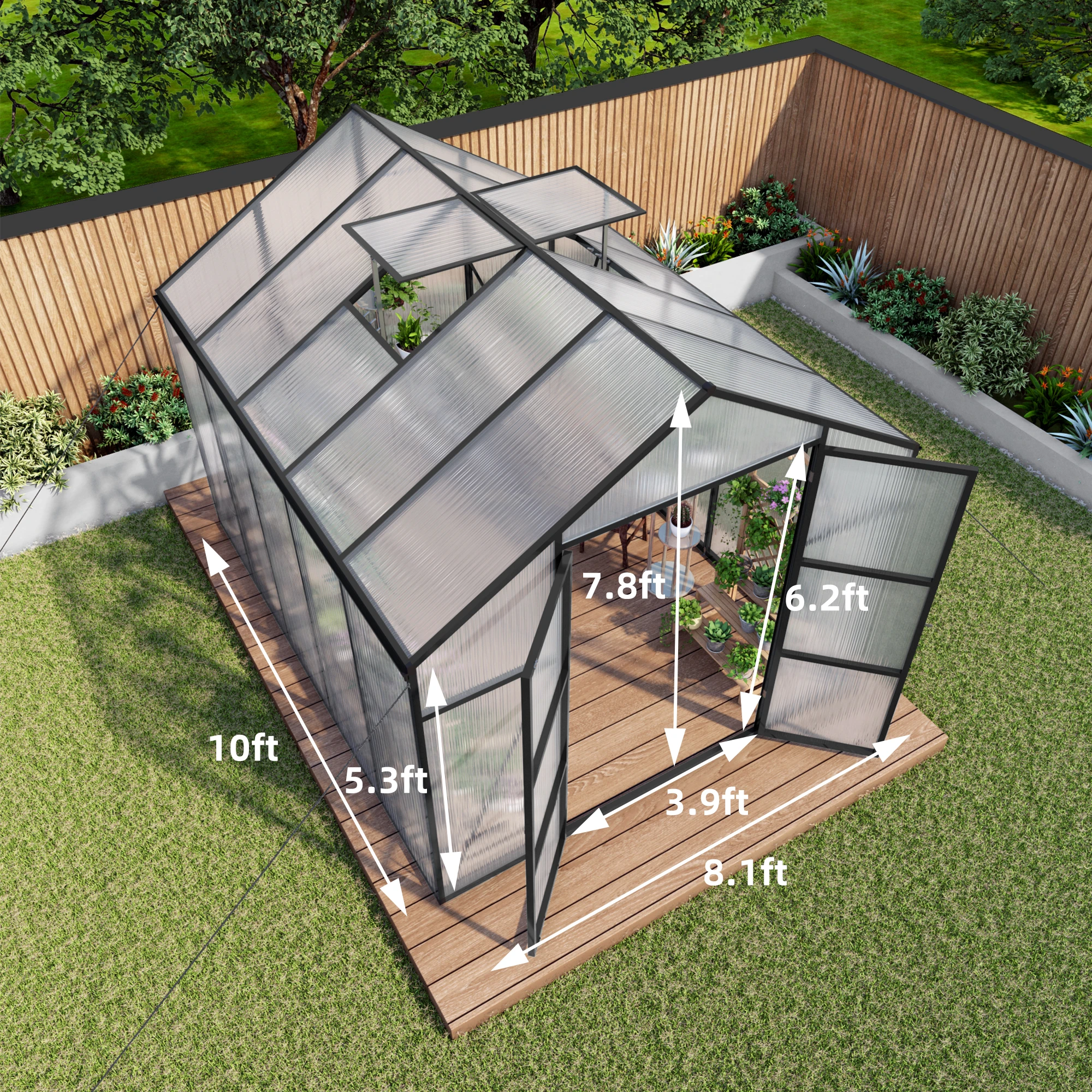 

SUSUA 8x10FT Newly Design Aluminum Frame greenhouse Polycarbonate Greenhouse Heavy Duty Walk-in sunroom for all season