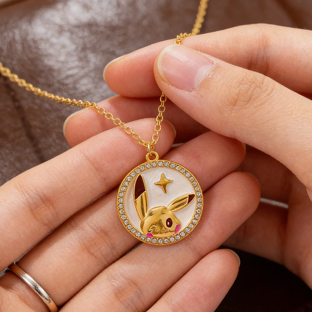 Kawaii Winking Pikachu Crystal Round Necklace Gold Color Anime Pokemon Pendant Jewelry for Daily Wear & Gift - view 3