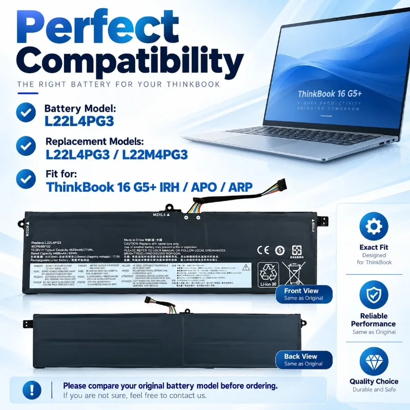 L22L4PG3 for Lenovo Thinkbook 16 G5+ Replacement Laptop Battery Compatible IRH APO ARP Notebook Battery New Cells