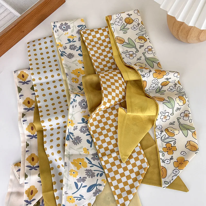 UXSL Spring Yellow Soft Color Flowers Headbands Multifunction Decorative Small Silk Scarf Womens French Hair Tie Scarf Tied Bag