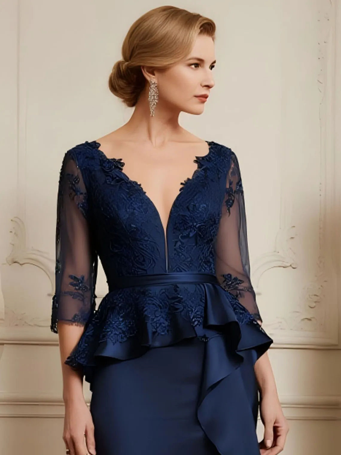 

Sexy V Neck Satin Mermaid Evening Gown Fashion Sweep Train 3/4 Sleeve Appliques Backless Wedding Party Gown 2025 Free Customized