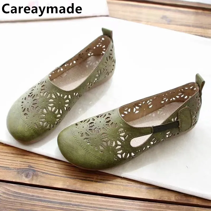 Careaymade-nowe wiosenne i letnie retro wydrążone rzeźbione sandały Baotou dla kobiet, kobiece płaska podeszwa dział pojedyncze buty