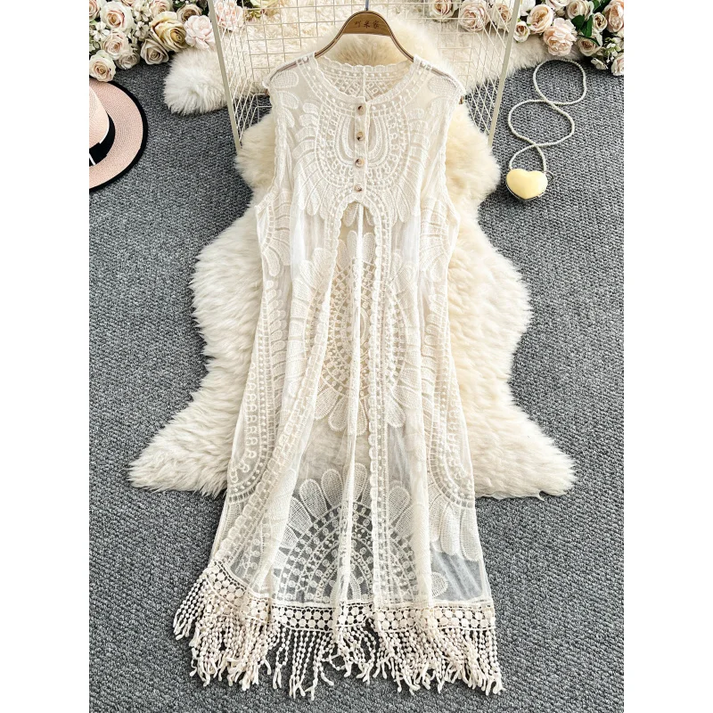 2025 women boho summer sexy lace crochet long tank dress casual hollow out beach holiday dresses tassel elegant split vestidos