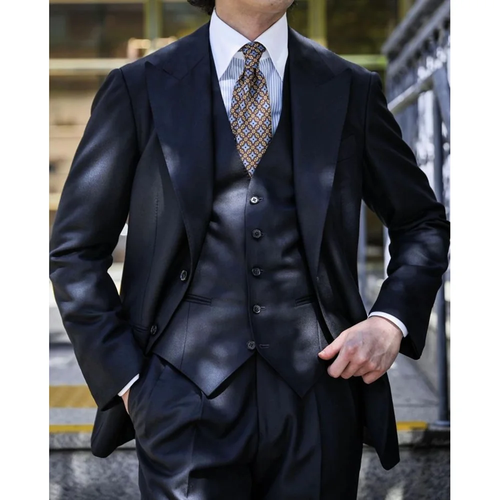 Dark Navy Blue Single Breasted Men Suit Three-pieces(Blazer+Pants+Vest) Casual Party Prom Wedding Set