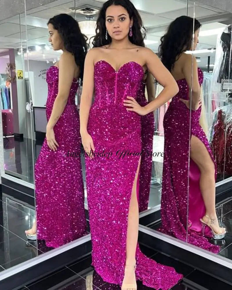 Angelsbridep Fuchsia Mermaid ชุดราตรีพิเศษโอกาสผู้หญิงสวมใส่พรหมชุด Sweetheart Slit Saudi Arabia Gowns อย่างเป็นทางการ