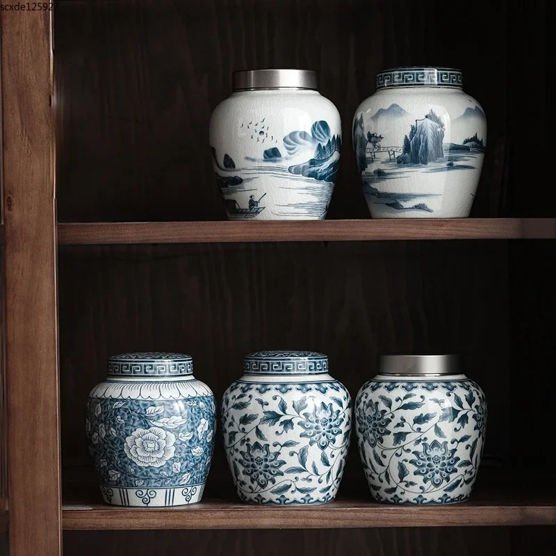 

Керамическая банка для хранения с классическим цветочным пейзажным узором и крышкой. Банки для чая большой емкости. Герметичная банка для хранения домашних конфет с орехами.