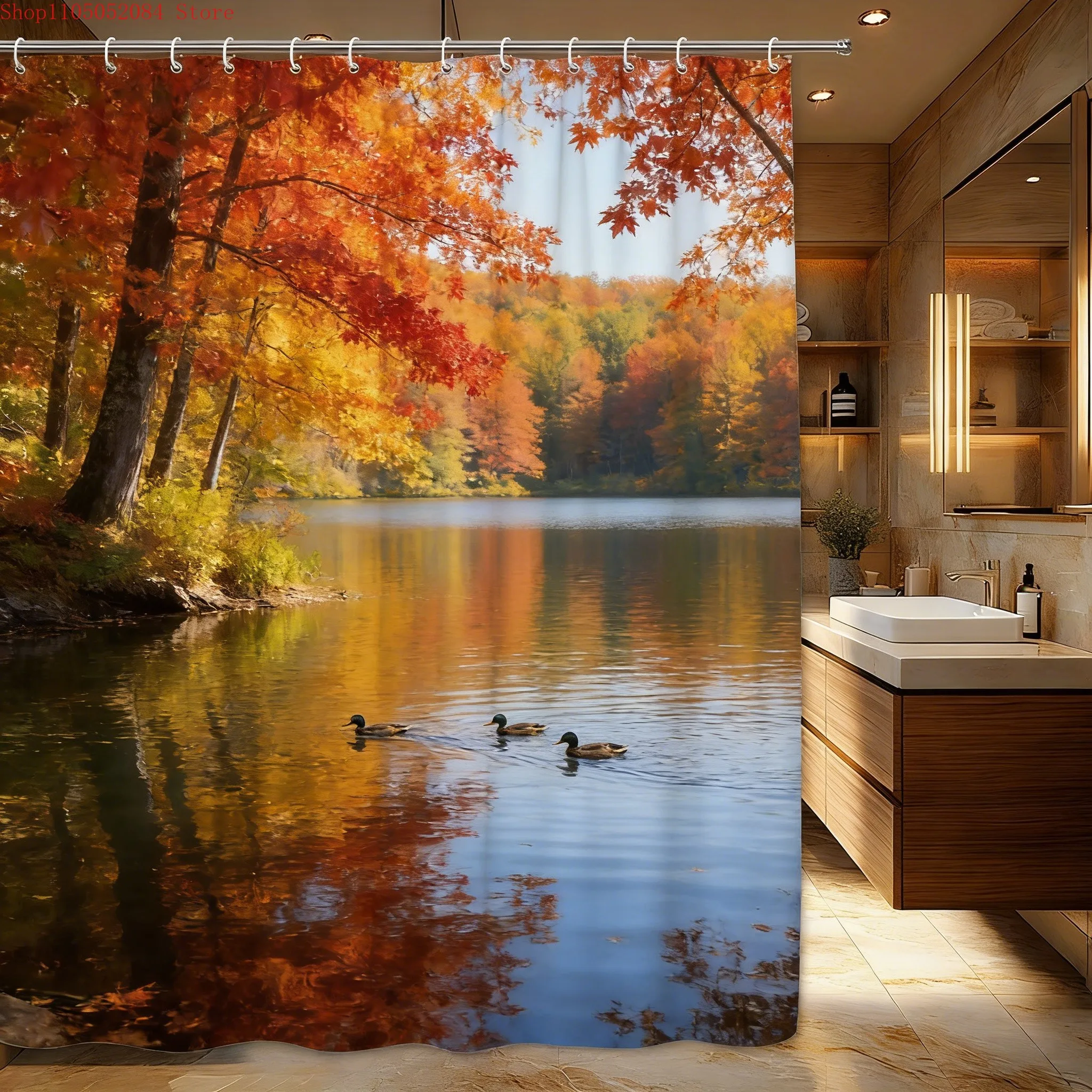 Cherry Blossom Stream with Mandarin Ducks Waterproof Shower Curtain for Bathroom Decor