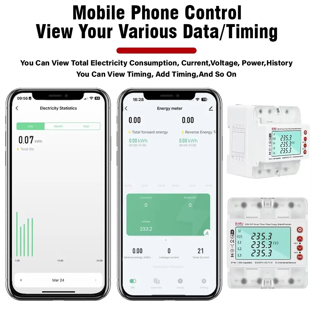 Three Phase 380V Tuya WiFi Smart Bi-Directional Energy Power kWh Meter Over Under Voltage Protector Relay Switch Current Limit