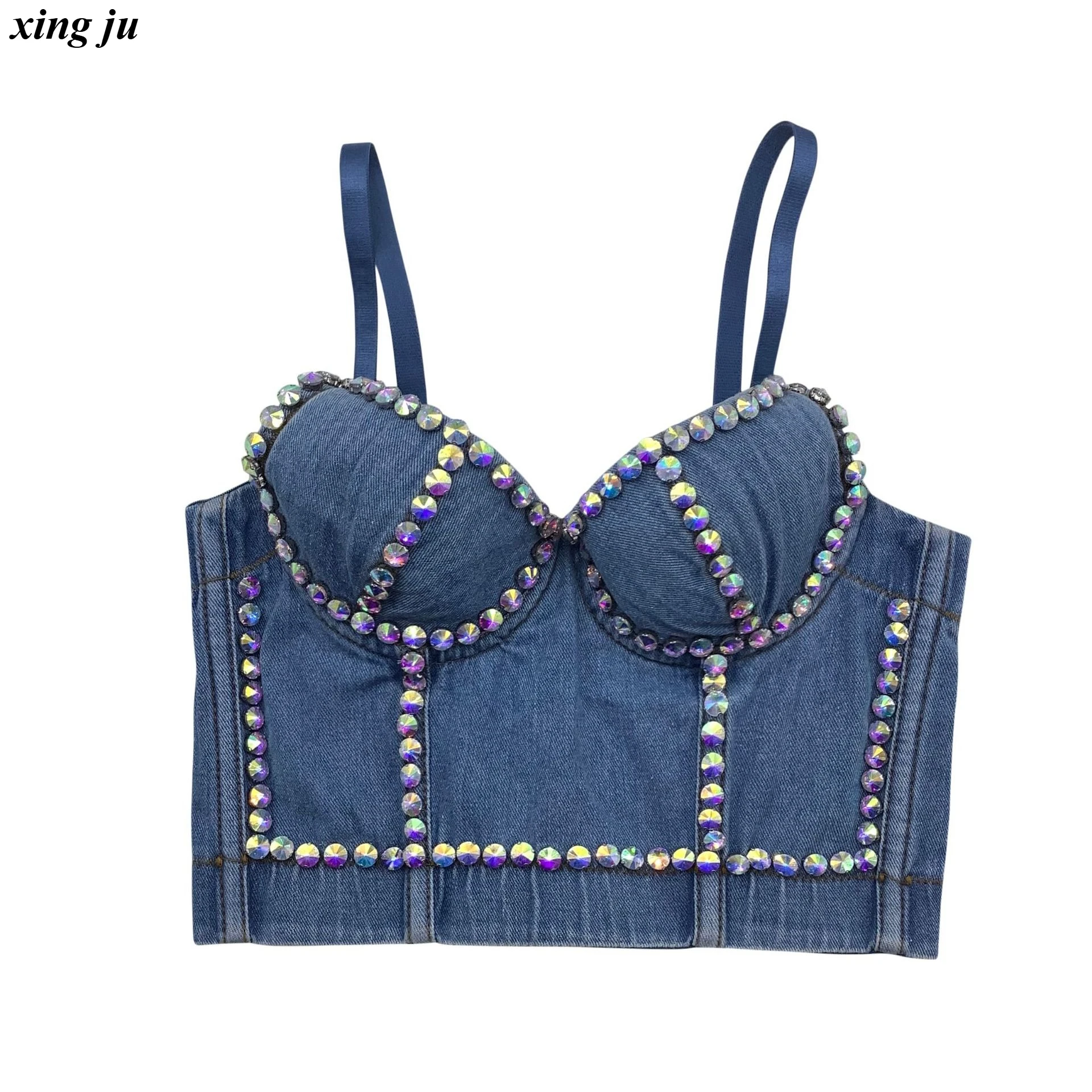 Xing Ju Nachtclub Sexy Denim Fishbone Sling Tops Jazzdans Backless Diamanten Klinknagels Korte Vest Vrouwen Stage Performance Kleding