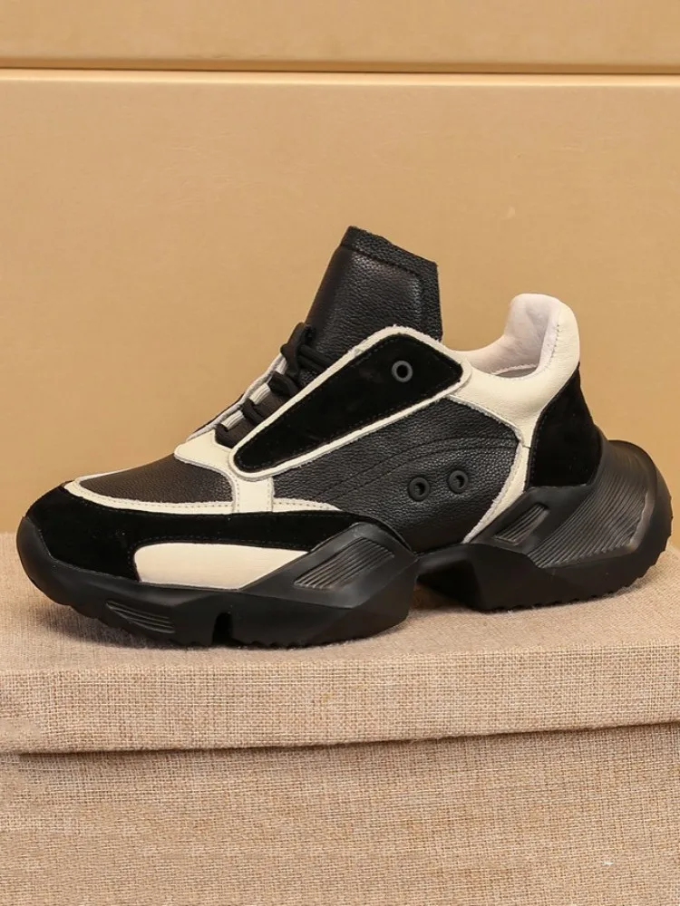 Mens Genuine Leather Sneakers Mixed Colors Design Round Toe Thick Bottom Casual Shoes Fashion Comfortable Walking Active Shoes