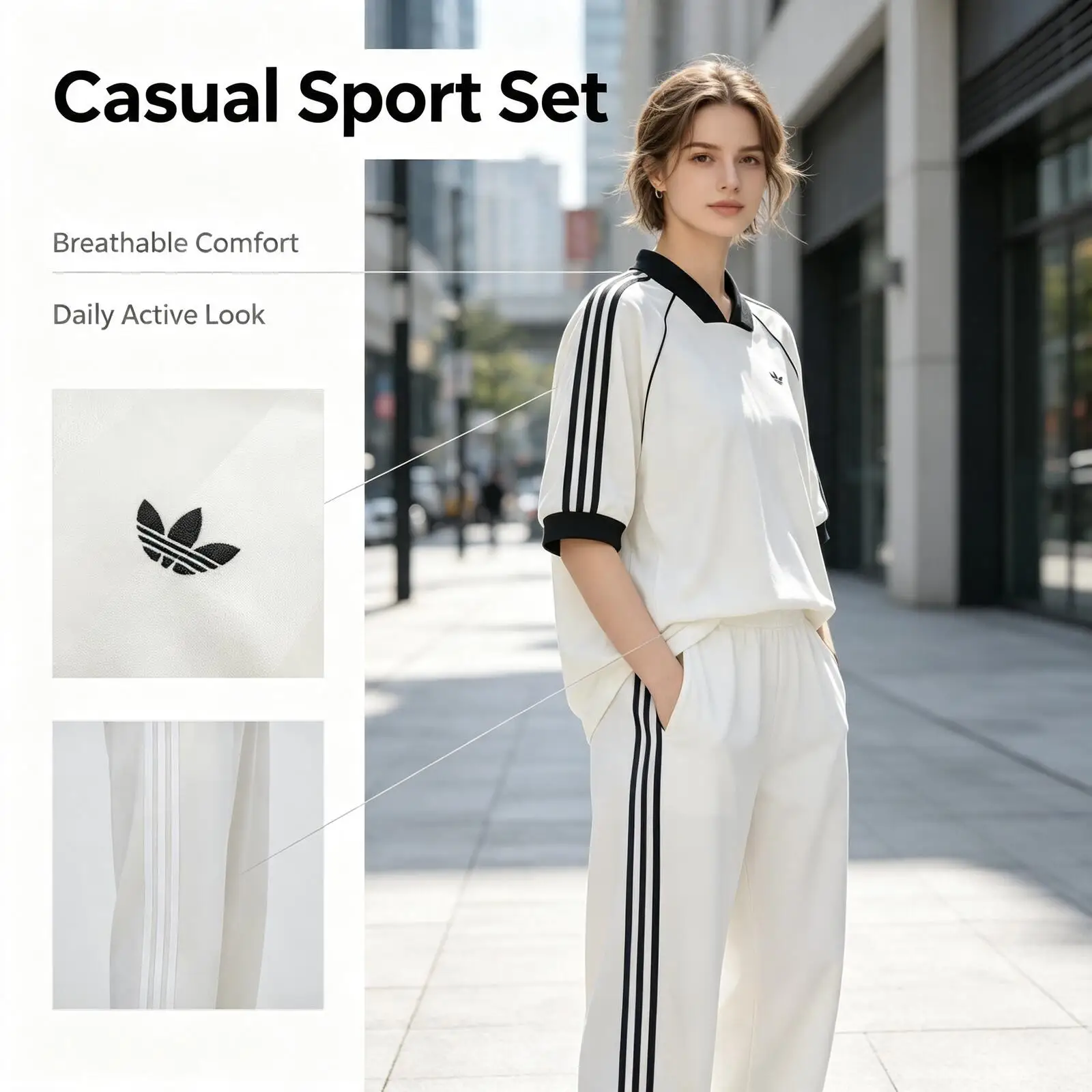 Adidas Authentic White Color Block Tracksuit Women 2-Piece Soft Breathable Casual Sport Set Short Sleeve Top Sweatpants Kg3711