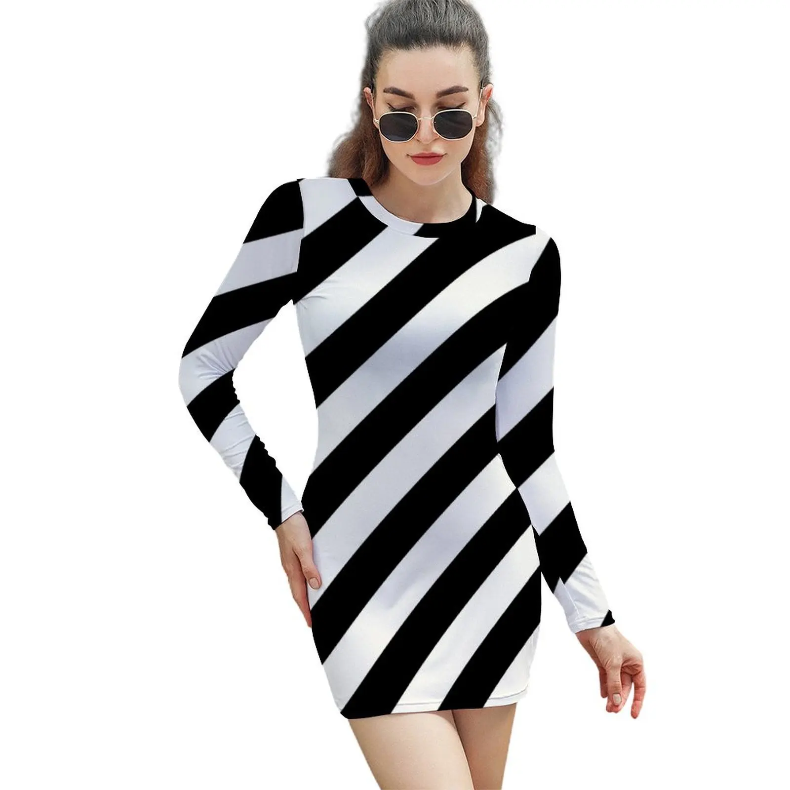 

Black and White Diagonal Stripe Pencil Skirt Long-Sleeved Sheath Dress dress summer Bride dresses dress for woman