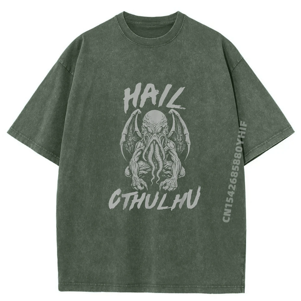 تي شيرت Hail Cthulhu Horror Legend Monster Harajuku كبير الحجم تي شيرت كلاسيكي مغسول قميص رجالي جرافيك