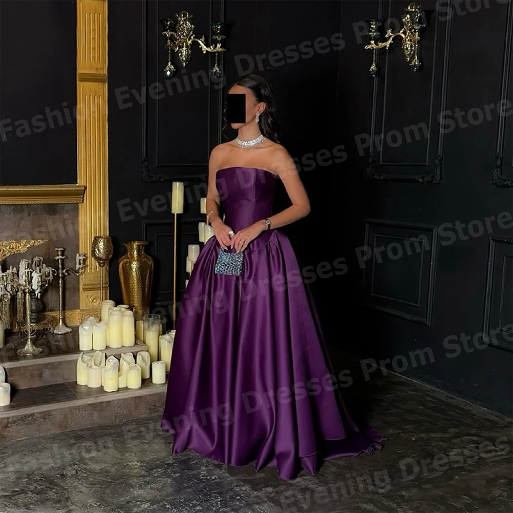 Graceful Purple Women A Line Evening Dresses Strapless Prom Gowns Sexy Sleeveless Customized Party Backless Vestidos Para Mujer