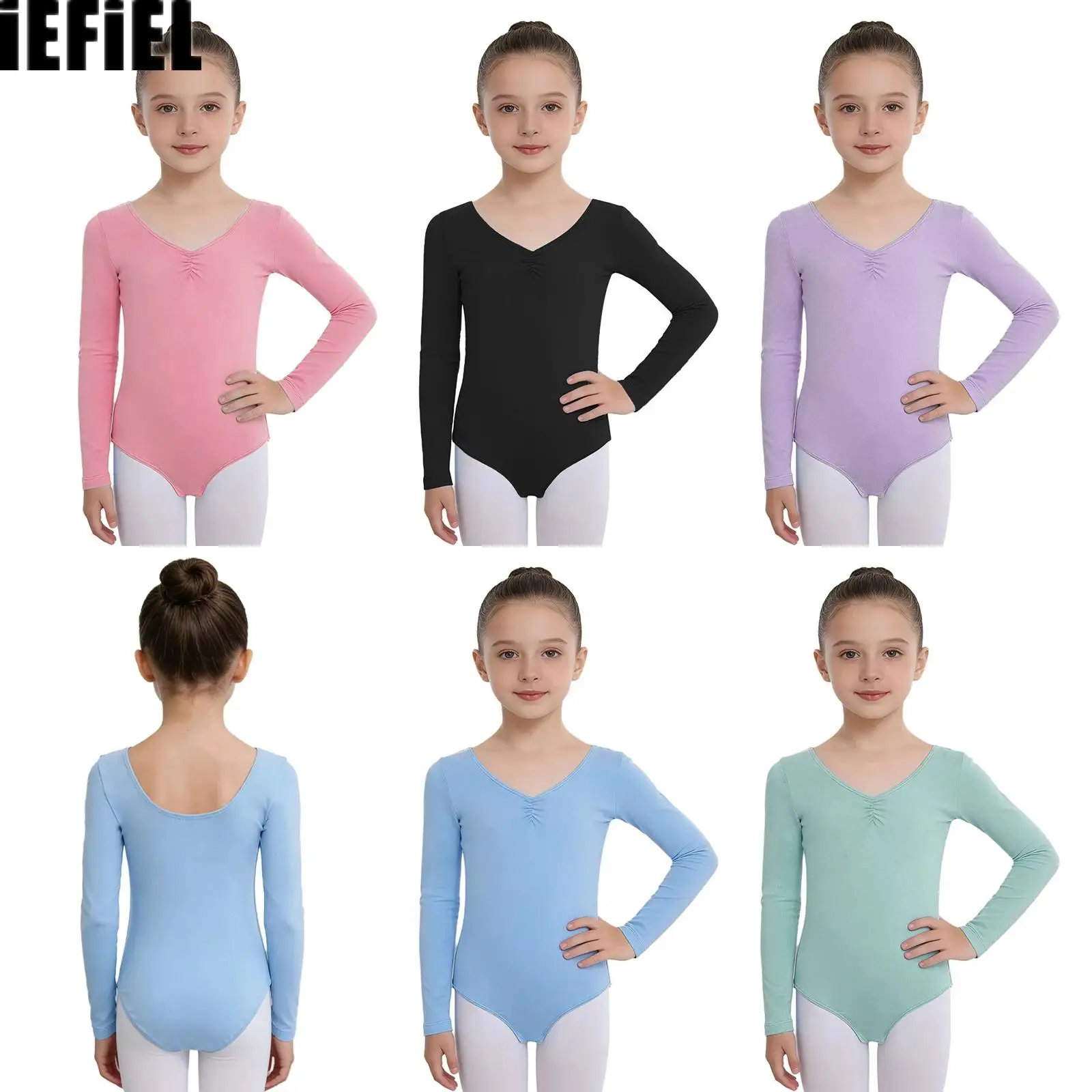 

Kids Girls Ballet Dance Leotard Ruched V-Neck Long Sleeve Press Button Crotch Leotard for Gymnastics Performance
