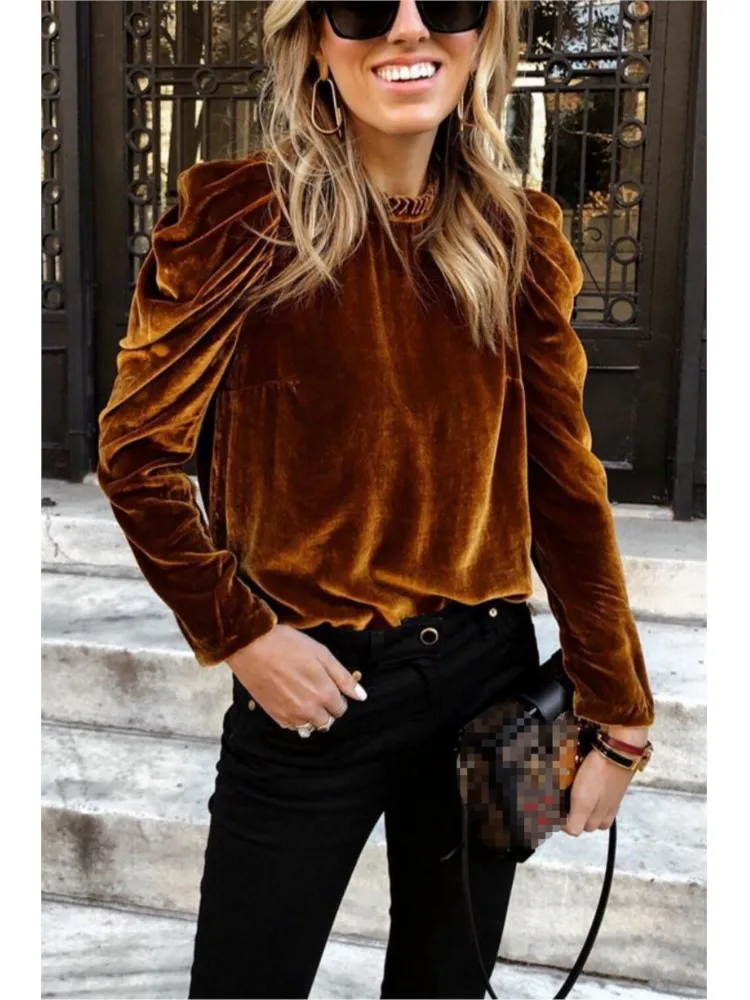 Fashion Puff Sleeve Velvet Blouses And Tops Casual O Neck Solid Color Loose Shirt Office Top 2024 Autumn Winter Women\'s Clothing