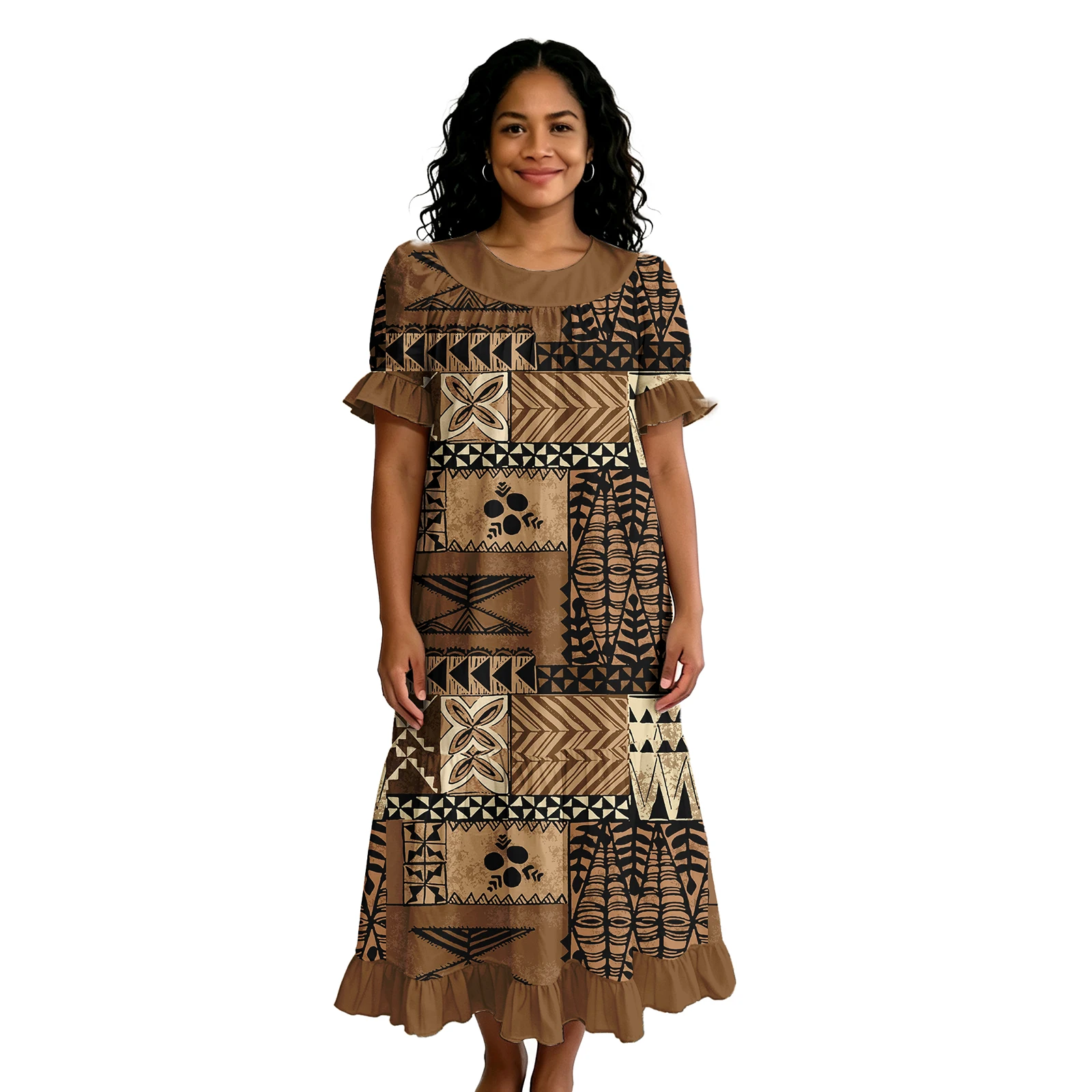 Latest Design Island Samoan Polynesian Ruffles Sleeve Dress Women Elegant Fashion Plus Size Monstera Leaf Print Hawaiian Dress
