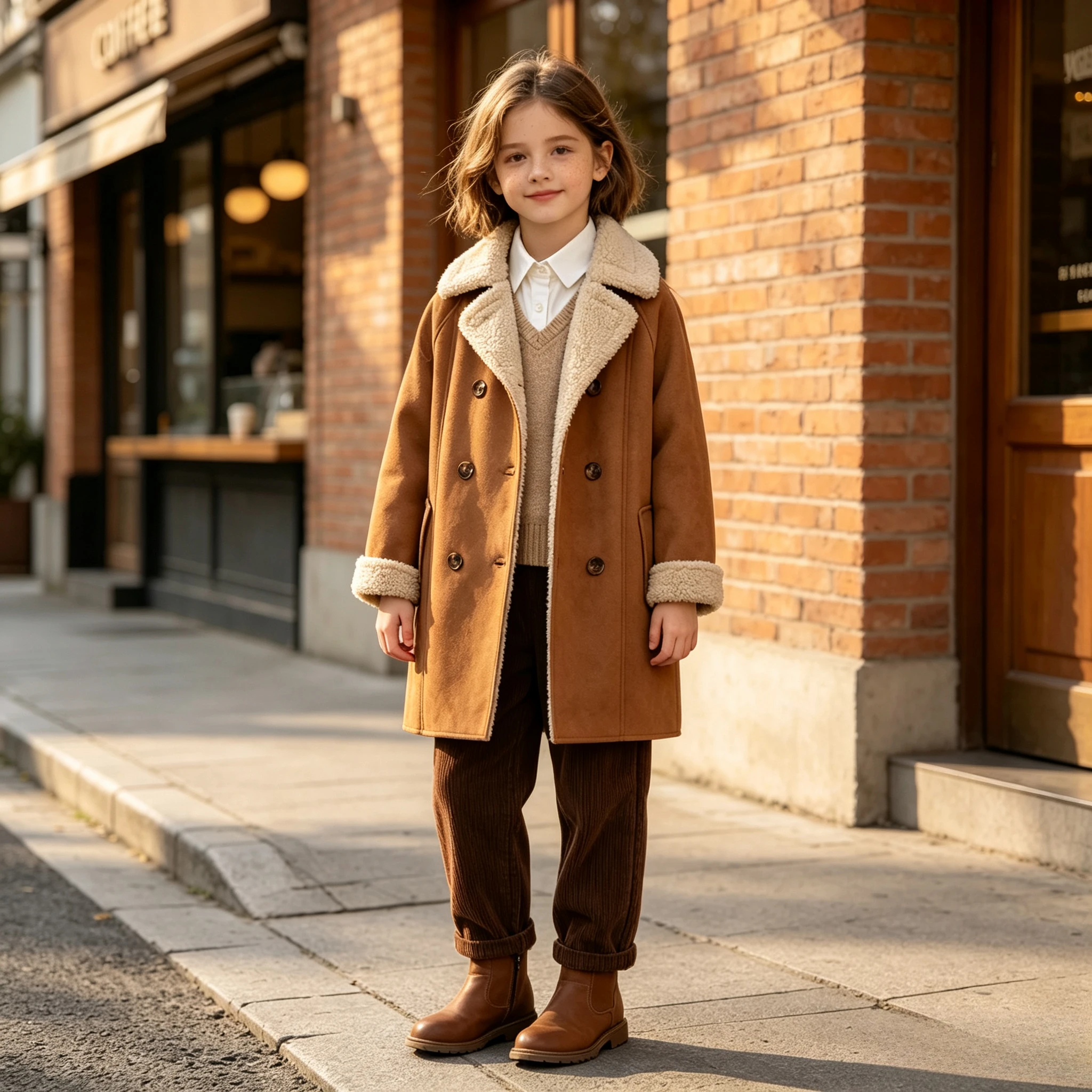 Teens Girls Winter Double Breasted Coat Mid Length Faux Suede Lamb Fleece Lined Thick Warm Kids Fur Lapel Outerwear For 6-14Y